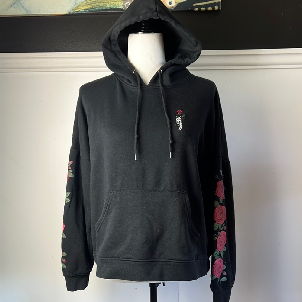 EMPYRE Black Hoodie with Rose Sleeves and Skeleton Hand Embroidery